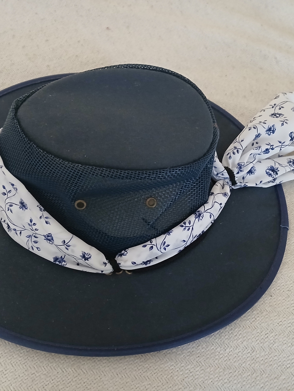 Womens Australian Drover Wide-Brim Navy Outdoor Hat with Floral Band